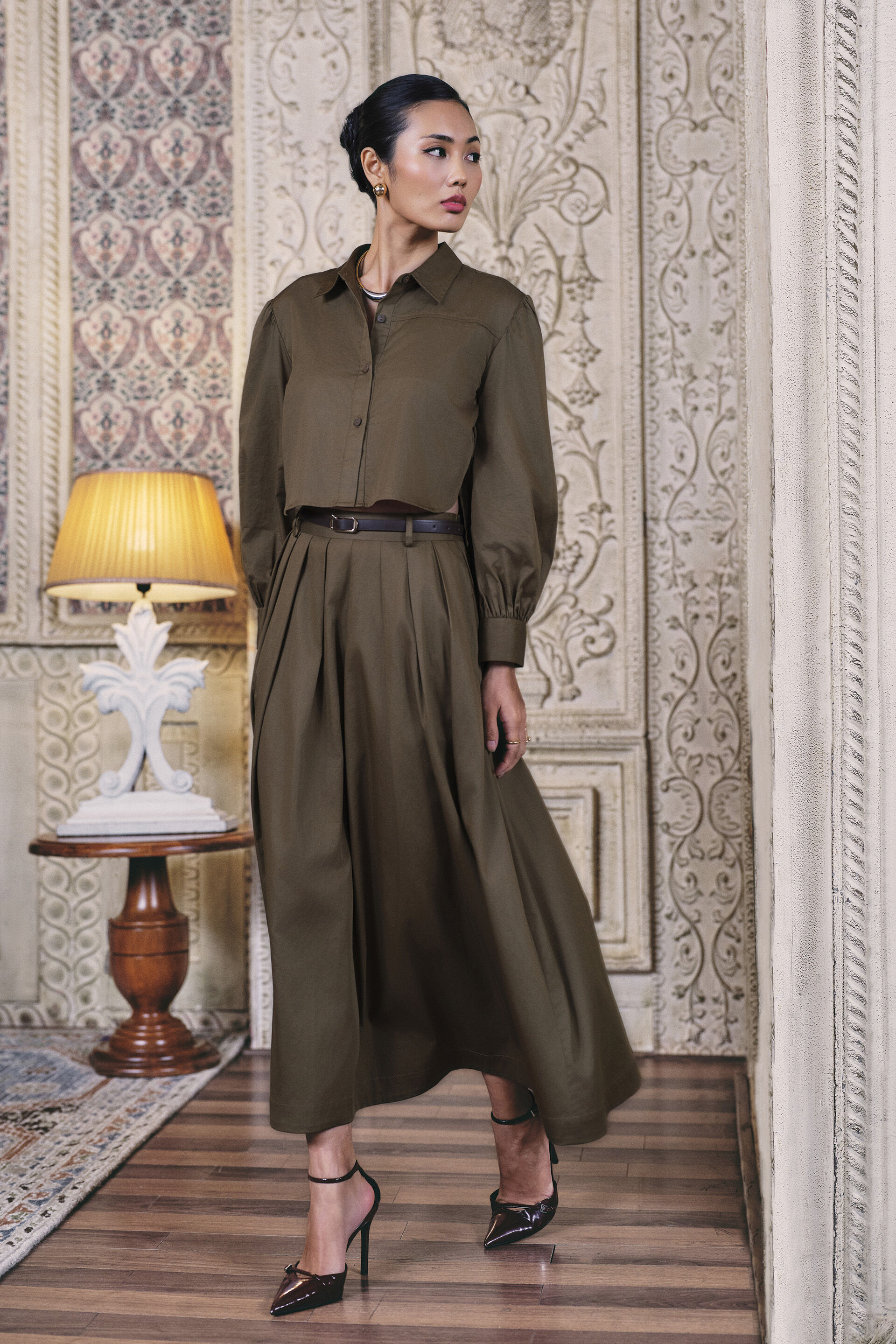 Peasant Sleeves Cotton Co-ord in Olive